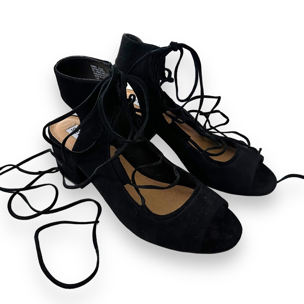 Steve Madden Women’s Black Suede Leather Lace Tie Up Shoes With Small Chunk Heel